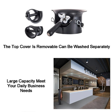 Heavy Duty Espresso Knock Box With Quick Release Drip Tray And Premium Barista Towel, black with removable top for easy washing.