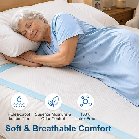 Woman peacefully sleeping on bed with Straight Up Heavy Duty Adult Bed Pads 36 X 72 Inches 20 Count Disposable Incontinence Underpads.