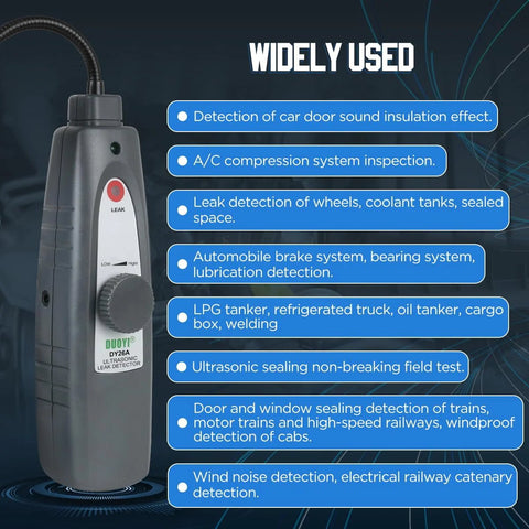 Front view of gray handheld ultrasonic leak detector with 420 mm probe and knob control