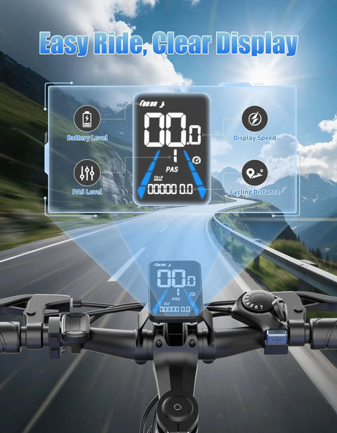 Digital display of Beast Mode 1500W Peak Electric Mountain Bike For Adults with speed, battery level, and cycling distance indicators.