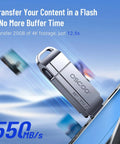 Ultra Fast Dual USB C USB A Flash Drive 128GB with 550MB/s speed plugged into laptop, ideal for iPhone and Mac.