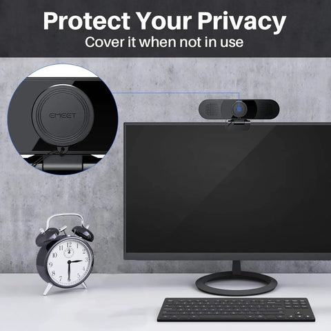 Crystal Clear 1080P HD Webcam With Four Noise Blocking Mics And Dual Built In Speakers Adjustable Wide Angle Lens depicting privacy cover on monitor.