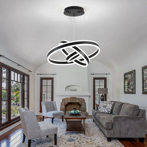 Modern Dimmable LED Chandelier With Dope 3 Ring Adjustable Pendant Lights For Living Room, Bedroom, And Dining Room - Remote Control, Contemporary Hanging Ceiling Fixture In Black, Aluminum And Acrylic, Height Adjustable DIY Design in elegant living room.