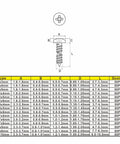 Diagram showing dimensions of Metric M1 To M2 Stainless Steel Phillips Pan Head Self Tapping Screws 750 Piece Assortment Kit sizes.