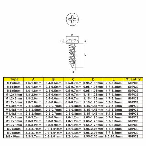 Diagram showing dimensions of Metric M1 To M2 Stainless Steel Phillips Pan Head Self Tapping Screws 750 Piece Assortment Kit sizes.