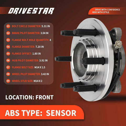 Front view of Front Wheel Hub And Bearing Assembly For Ford F150 2009 2010 2011 2WD 6 Lug With ABS, 4 bolt flange.