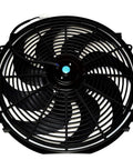 No Sweat Universal 16 Inch Electric Radiator Fan Kit With Reversible S Blade Push Pull Design 12 Volt fan with black blades.