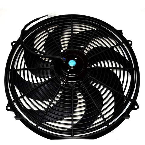 No Sweat Universal 16 Inch Electric Radiator Fan Kit With Reversible S Blade Push Pull Design 12 Volt fan with black blades.