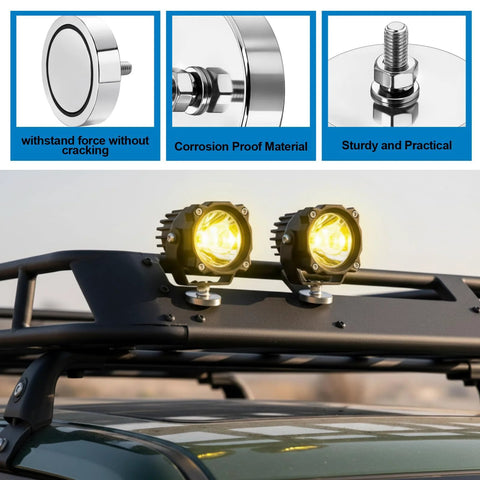Four-piece heavy-duty neodymium round mounting magnets with M6 bolts for vehicle lighting brackets