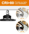 UFO LED High Bay Light 150W Hella Bright 21000 Lumens 5000K Daylight shown with CRI comparison in stairway setting