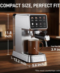 No Stress Touchscreen Espresso Machine With Automatic Milk Frother And 20 Bar Pressure for compact kitchen brewing, dimensions 11.8x12.2x5.6 inches.