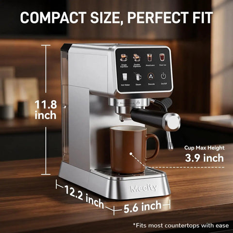 No Stress Touchscreen Espresso Machine With Automatic Milk Frother And 20 Bar Pressure for compact kitchen brewing, dimensions 11.8x12.2x5.6 inches.