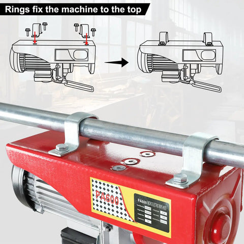 Mounting illustration of Heavy-Duty Electric Hoist Lift 1320 Lb Capacity With Remote Control 110V Winch Steel Wire Overhead Crane.