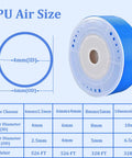 Blue PU Air Hose 6mm OD 4mm ID 32 Ft 10 M Pneumatic Tubing For Air Compressor in packaging with size chart displayed.