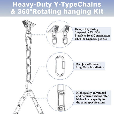Heavy Duty Porch Swing Hanging Kit With Y Chain And 360 Degree Swivel Hangers 1500 Lb Capacity Rustproof Zinc Plated Chains
