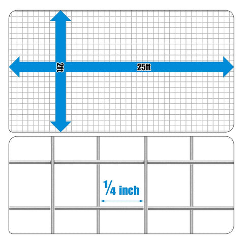 Diagram of 23 Gauge Galvanized Hardware Cloth With Quarter Inch Mesh 2 Feet By 25 Feet Rustproof Durable Fencing Wire dimensions.