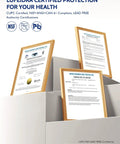 Lufeidra certified health protection certificates displayed in frames demonstrating compliance with CUPC and NSF standards.