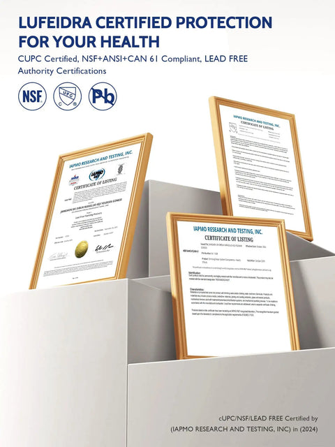 Lufeidra certified health protection certificates displayed in frames demonstrating compliance with CUPC and NSF standards.