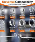 All-In-One 202 Piece Stainless Steel Hose Clamp Kit With Eight Size Range From 1/4 Inch To 2 Inch with socket wrench and screwdriver