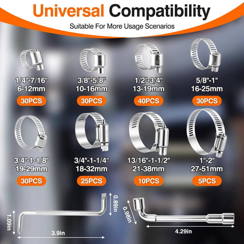 All-In-One 202 Piece Stainless Steel Hose Clamp Kit With Eight Size Range From 1/4 Inch To 2 Inch with socket wrench and screwdriver
