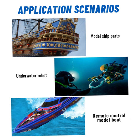 Model ship, underwater robot, and RC boat showing Beefy Waterproof Underwater Thruster Motors For RC Boats 10-20V Power Boost.