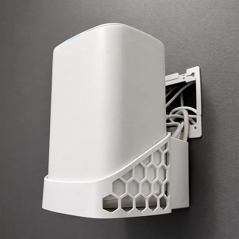 Wall Mount Bracket For Xfinity Comcast Xb8 Router Wifi mounted on wall, featuring honeycomb design and concealed cables.