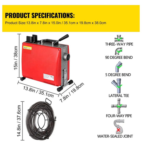 Heavy Duty Handheld Electric Drain Auger Kicks Serious Sink And Toilet Plug Ups Fast With Six Swappable Cutters To Bust Through Nasty Pipe Clogs Effortlessly Today, 15in size with red housing and steel core cable.