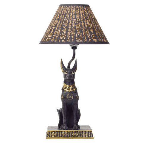 Anubis Table Lamp Statue With Shade, Egyptian God Of The Underworld Decor, 18 Inch Tall, Hand Cast Stone Base With Faux Gold And Ebony Black Finish