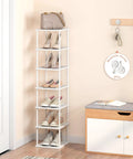 Space Saving Bamboo 7 Tier Shoe Rack Organizer Free Standing Narrow Corner Shelf For Boots And Sneakers For Entryway Closet Garage Mudroom Living Room White visible in a corner of a room.