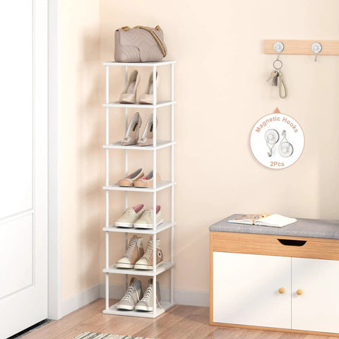 Space Saving Bamboo 7 Tier Shoe Rack Organizer Free Standing Narrow Corner Shelf For Boots And Sneakers For Entryway Closet Garage Mudroom Living Room White visible in a corner of a room.
