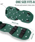 Green Heavy Duty Lawn Aerator Shoes With Spikes And Straps, One Size Fits All men and women, shown with dimensions