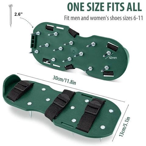Green Heavy Duty Lawn Aerator Shoes With Spikes And Straps, One Size Fits All men and women, shown with dimensions