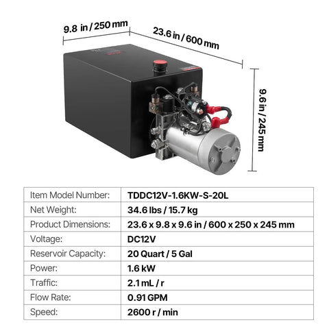 Front view of Beefed Up 12V DC Double Acting Hydraulic Power Unit For Dump Trailers, 20 Quart Steel Reservoir, 3200 PSI A Port