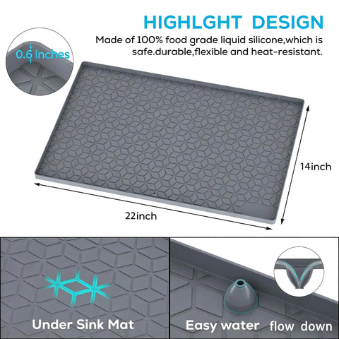 Heavy Duty Silicone Under Sink Mat 14 X 22 Inches with drain holes showing flexible design for kitchen cabinets and counters.