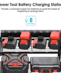 Heavy Duty Garage Tools Storage With Charging Station And Drill Holder Wall Rack with battery slots and power strip.