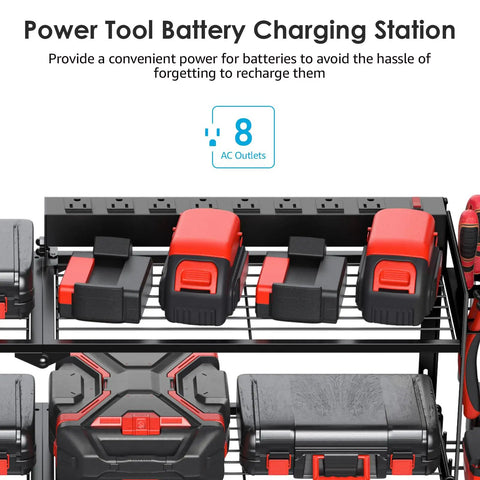 Heavy Duty Garage Tools Storage With Charging Station And Drill Holder Wall Rack with battery slots and power strip.