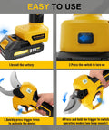 Step-by-step guide for using SundpeyPRO 21V Brushless Electric Pruning Shears Max 2 Inch Cut with battery and trigger controls.