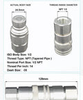 Flat Face 1/2 Inch NPT Hydraulic Quick Connect Couplers Set With Dust Caps ISO 16028 High Flow dimensions and specifications