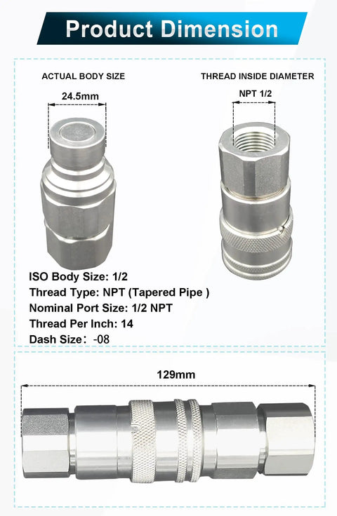 Flat Face 1/2 Inch NPT Hydraulic Quick Connect Couplers Set With Dust Caps ISO 16028 High Flow dimensions and specifications