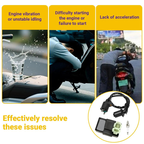 Image showing issues like engine vibration, difficulty starting, and lack of acceleration, with Gy6 Ignition Coil With 6 Pin AC CDI Box Kit inset.