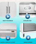 Features of Massive 82 Inch Commercial Freezer With Triple Solid Doors And Precision Digital Temperature Control including handles, cooling fan, digital lock, and wheels.