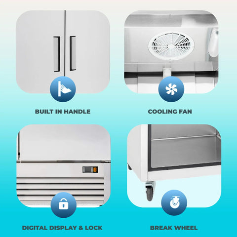 Features of Massive 82 Inch Commercial Freezer With Triple Solid Doors And Precision Digital Temperature Control including handles, cooling fan, digital lock, and wheels.
