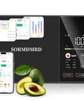 Digital display of Kitchen Food Scale With Nutritional Calculator And Calorie Fat Carbs Protein Tracker, Free App shown with avocados.