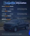 Compatibility chart for Chevrolet, GMC, and Isuzu models with black pickup truck image