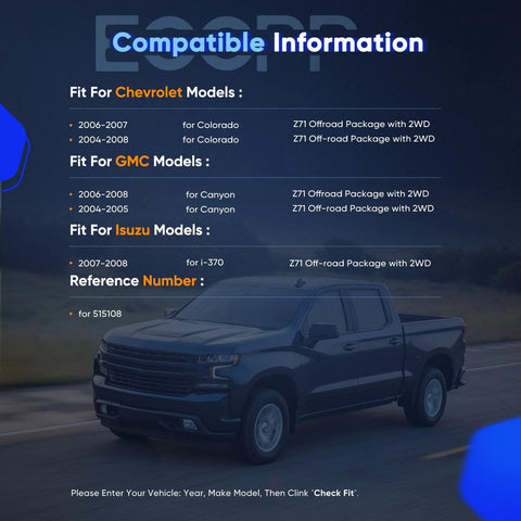 Compatibility chart for Chevrolet, GMC, and Isuzu models with black pickup truck image