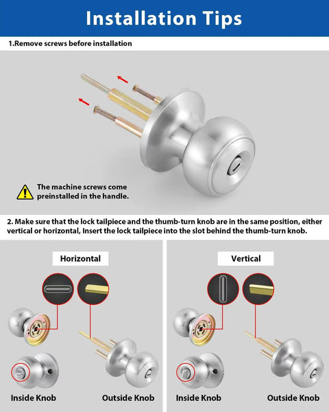 Installation guide for Keyed Entry Door Knob With Lock In Satin Nickel Finish Solid Stainless Steel For Front Or Back Doors