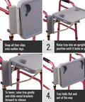 Walker Tray For Rollator And Standard Walkers, Folding Tray Table With Two Cup Holders, Tool Free Assembly, Fits Most Walkers About 18 Inches Wide, Easy Mount, Go-To Durable Plastic Mobility Accessory shown with installation steps.