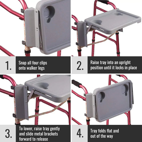 Walker Tray For Rollator And Standard Walkers, Folding Tray Table With Two Cup Holders, Tool Free Assembly, Fits Most Walkers About 18 Inches Wide, Easy Mount, Go-To Durable Plastic Mobility Accessory shown with installation steps.