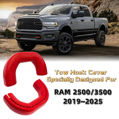 RAM 2500 3500 Tow Hook Covers Red Car Tow Hitch Cover Set For 2019 To 2026 Dodge RAM 2500 3500 Not Fit 1500 shown on truck