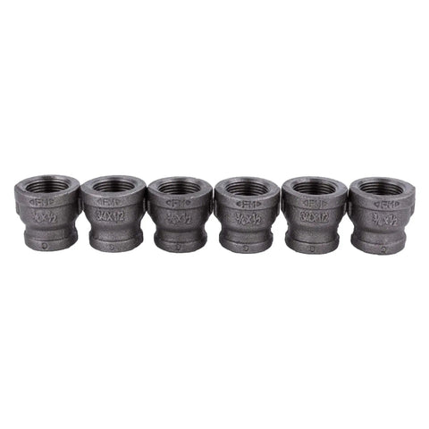 Dope Reducing Coupling Three Quarters Inch To One Half Inch Pipe Decor Black Malleable Iron Fittings For DIY Vintage Industrial Pipe Furniture Build And Regular Plumbing Projects Six Pack Sturdy Construction, six black 3/4 x 1/2 couplings